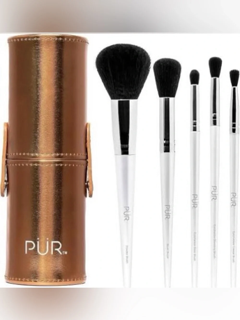 PÜR 5-Piece White Makeup Brush Set with Bronze Case NWT
